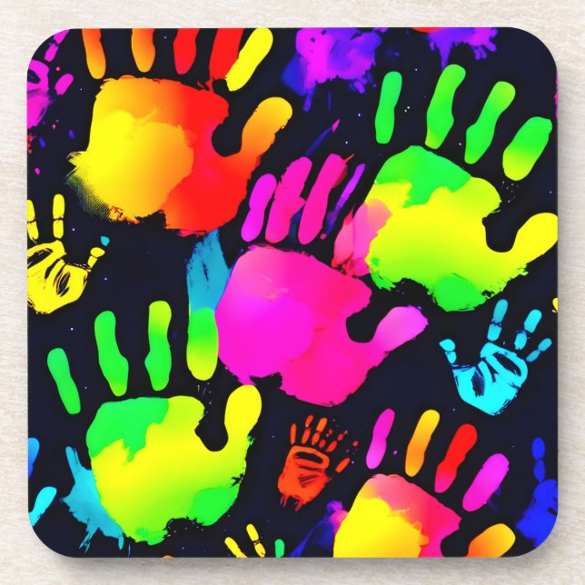 Lebhafte Neon Handprint Art Getränkeuntersetzer (Vorderseite)