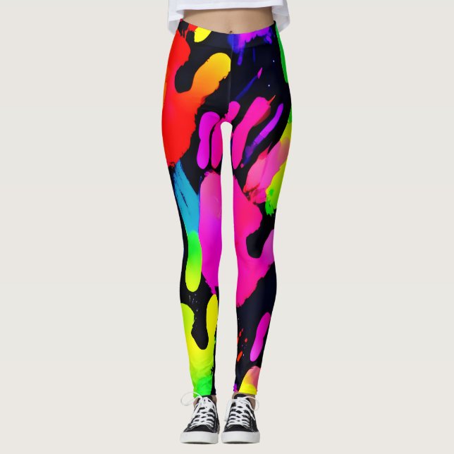 Lebhafte Neon Handprint Art Leggings (Vorderseite)