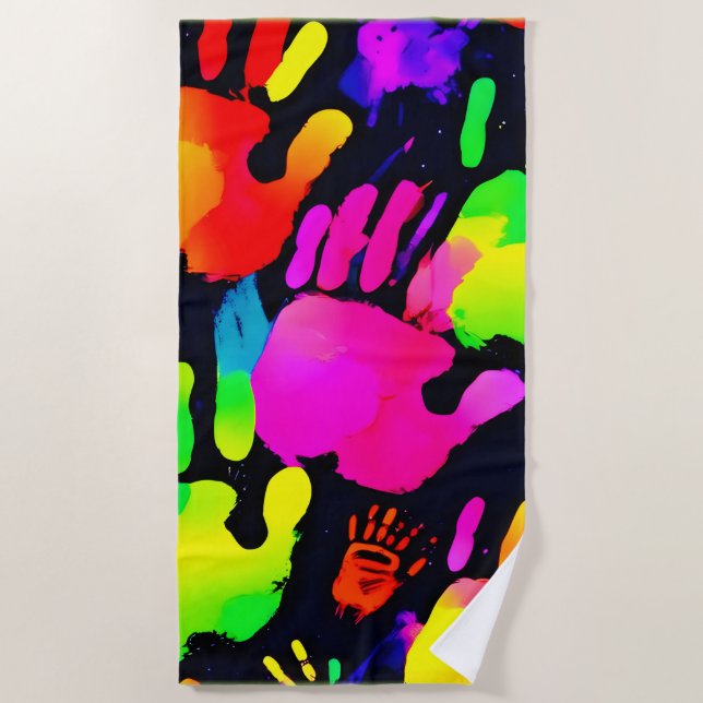 Lebhafte Neon Handprint Art Strandtuch (Vorderseite)