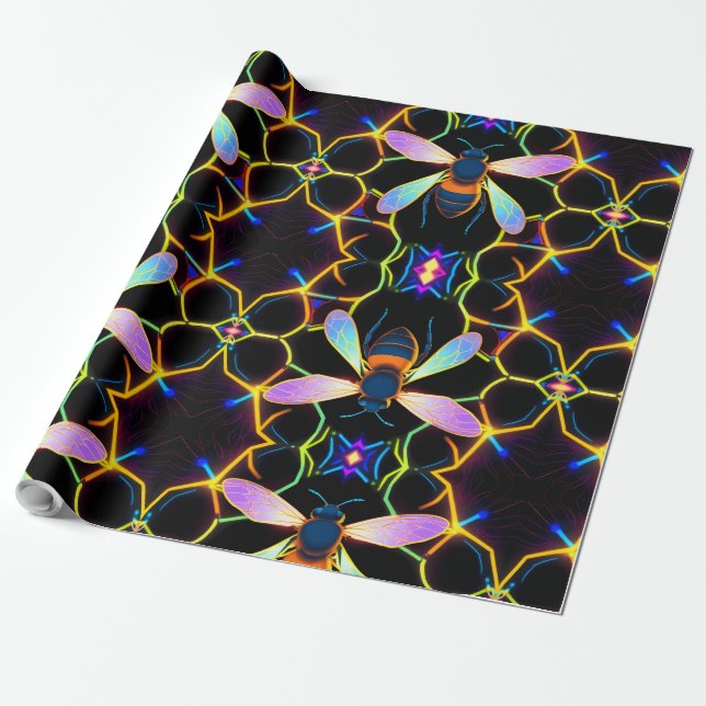 Lebhafte Neon Honeybee mit Abstraktem Hexagonal Geschenkpapier (Ungerollt)