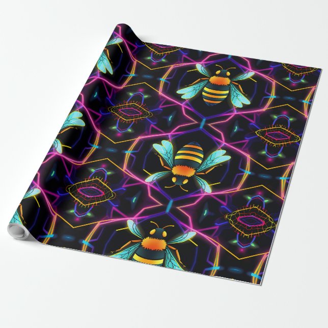 Lebhafte Neon Honeybee mit Abstraktem Hexagonal Geschenkpapier (Ungerollt)