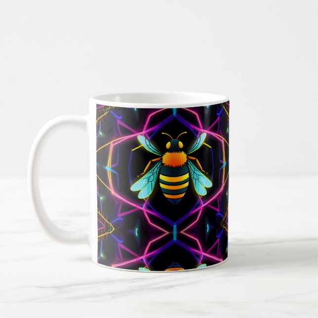 Lebhafte Neon Honeybee mit Abstraktem Hexagonal Kaffeetasse (Links)