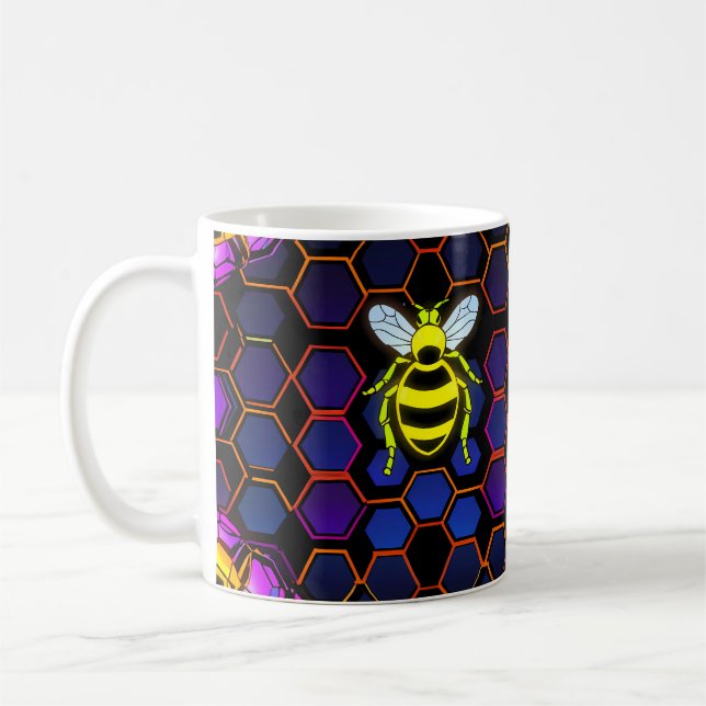 Lebhafte Neon Honeybee mit Abstraktem Hexagonal Kaffeetasse (Links)