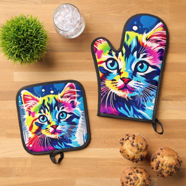 Lebhafte Neon Kitty Art Ofenhandschuh & Topflappen-Set (Oben Unten)