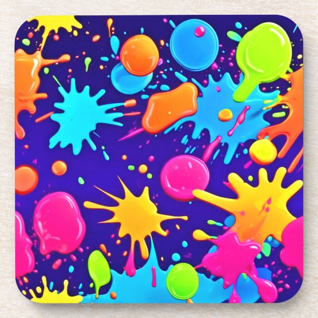 Lebhafte Neon Paint Spritzer Art Getränkeuntersetzer (Vorderseite)