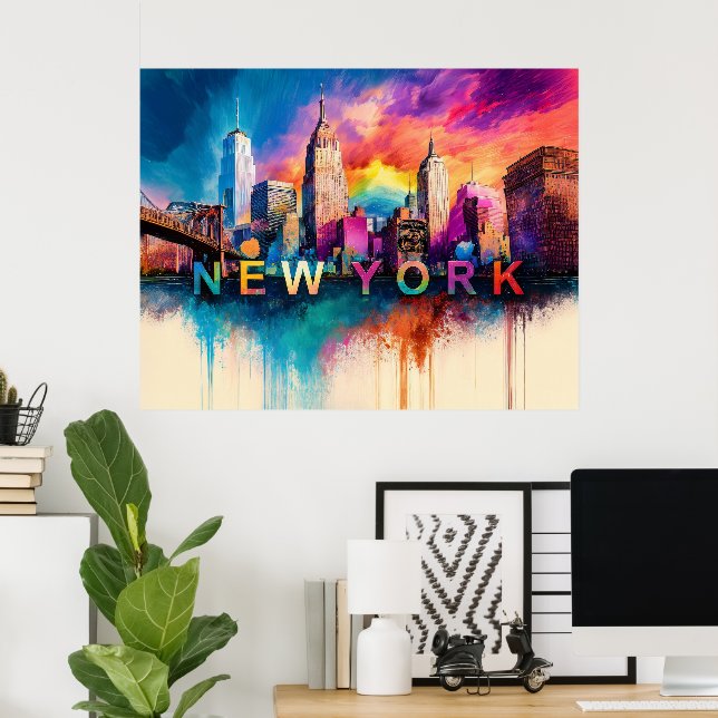 Lebhafte New Yorker City - farbenfrohe Skyline Art Poster (Heimbüro)