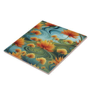 Lebhafte Orange-Blume inmitten wirbelnder Blues Fliese