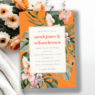 Lebhafte Orange Blush Boho Tropical Floral Wedding Einladung