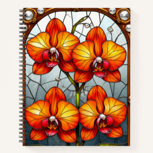 Lebhafte orangefarbene Orchideen in Ziergoldrahmen Notizbuch