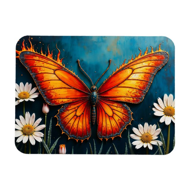 Lebhafte Orangeninsektenschmetterling-Kamille-Blum Magnet (Horizontal)