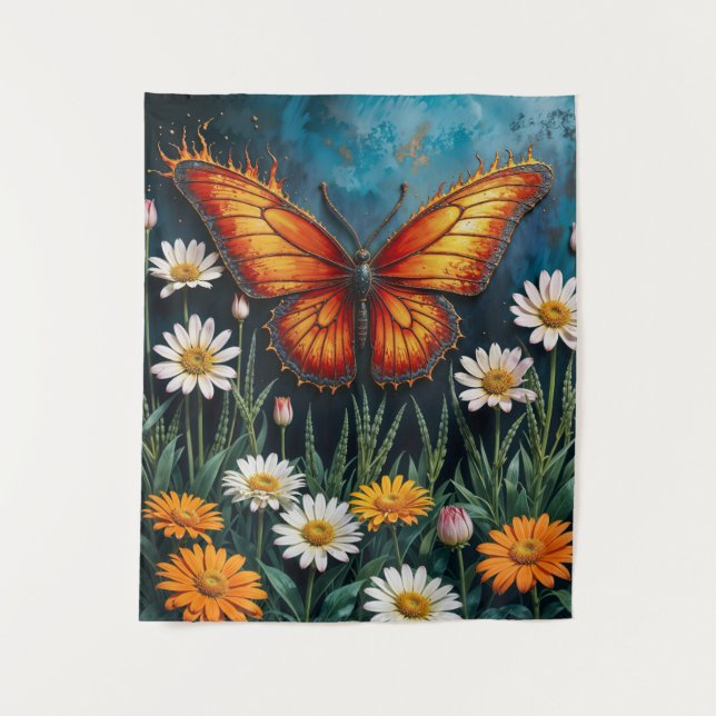 Lebhafte Orangeninsektenschmetterling-Kamille-Blum Wandteppich (Vorderseite)