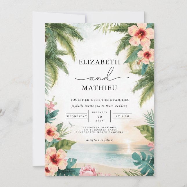 Lebhafte Palms Coral Bloom Arch Wedding Einladung (Vorderseite)