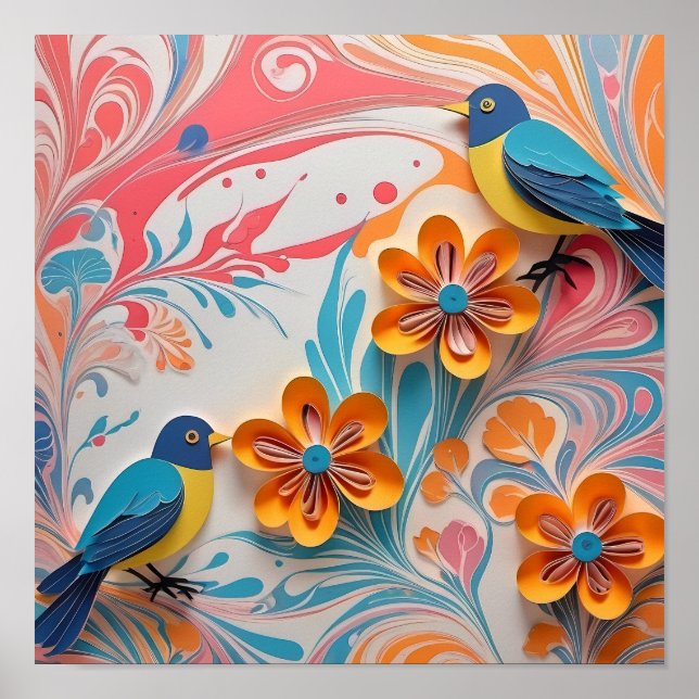 Lebhafte Papiervögel und florale Kunst - kreativ Poster (Vorne)