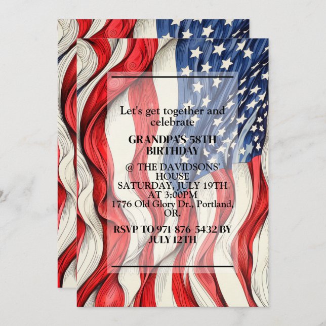 Lebhafte Patriotische Amerikanische Flagge Geburts Einladung (Vorne/Hinten)