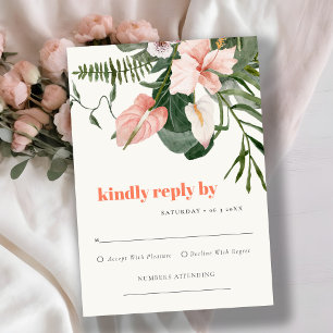 Lebhafte Peach Blush Boho Tropical Floral Wedding RSVP Karte