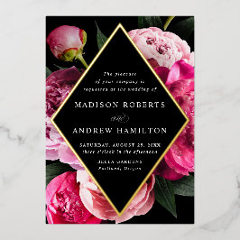 Lebhafte Peonies Diamant-Blütenrahmen Hochzeitsgol Folieneinladung