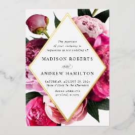 Lebhafte Peonies Diamant-Blütenrahmen Hochzeitsgol Folieneinladung