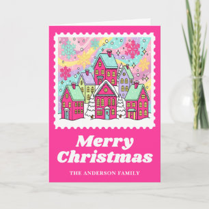 Lebhafte Pink Christmas Village Postage Briefmarke Feiertagskarte