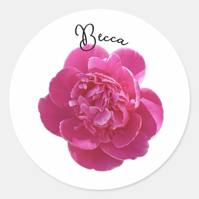Lebhafte Pink Peony Blume Personalisiert Runder Aufkleber (Vorderseite)