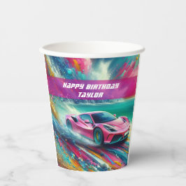 Lebhafte Pink Sportscar am Tropical Beach Pappbecher