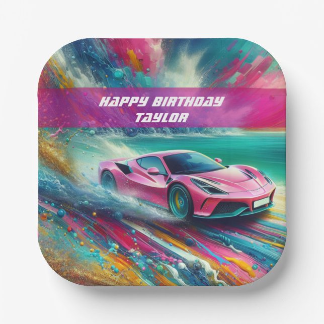 Lebhafte Pink Sportscar am Tropical Beach Pappteller (Vorderseite)