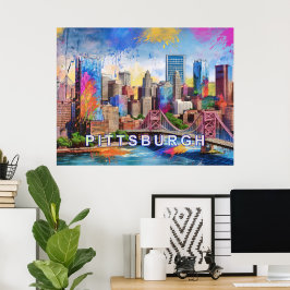 Lebhafte Pittsburgh Skyline, farbenfrohe urbane Ku Poster