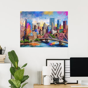Lebhafte Pittsburgh Skyline, farbenfrohe urbane Ku Poster
