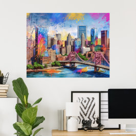 Lebhafte Pittsburgh Skyline, farbenfrohe urbane Ku Poster