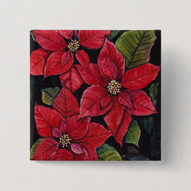 Lebhafte Poinsettia in Wasserfarbe Button (Vorderseite)
