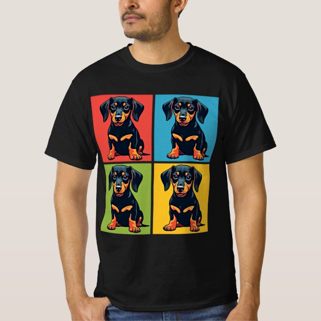 Lebhafte Pop Art Dackel Welpenplätze T-Shirt (Vorderseite)