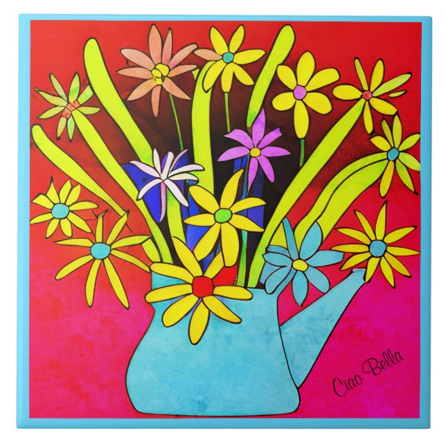 Lebhafte psychedelische Blume in einer blauen Vase Fliese (Vorderseite)