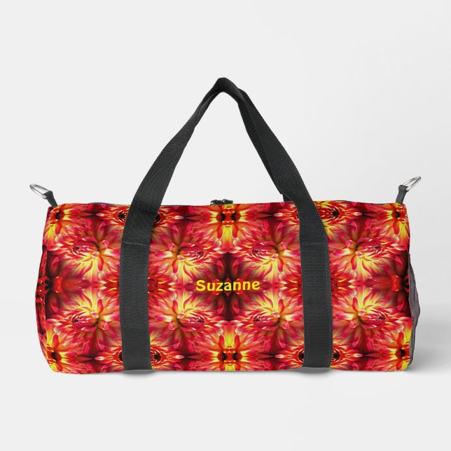 Lebhafte Red Dahlia Blume Abstrakt Personalisiert Duffle Bag (Vorderseite)