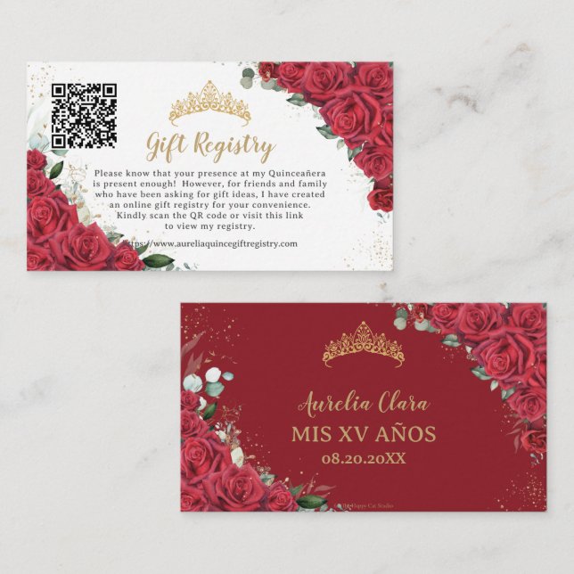 Lebhafte Red Floral Quinceañera QR Geschenkregistr Begleitkarte (Vorne/Hinten)