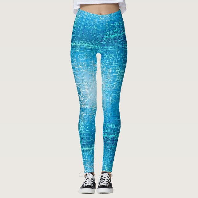 Lebhafte Retro Blueprint Leggings (Vorderseite)