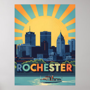 Lebhafte Rochester-Skyline bei Sonnenuntergang Poster