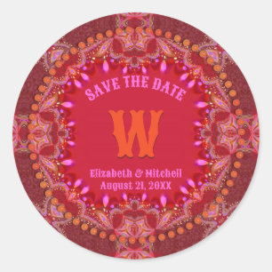 Lebhafte rosa Bohemische Batik Save the Date Inspi Runder Aufkleber