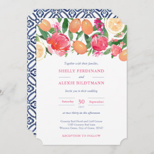 Lebhafte rosa Florals Citrus Dark Blue Tile Hochze Einladung