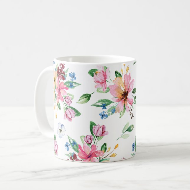 Lebhafte rosa grüne Blumenblätter drucken Kaffeetasse (Vorderseite Links)