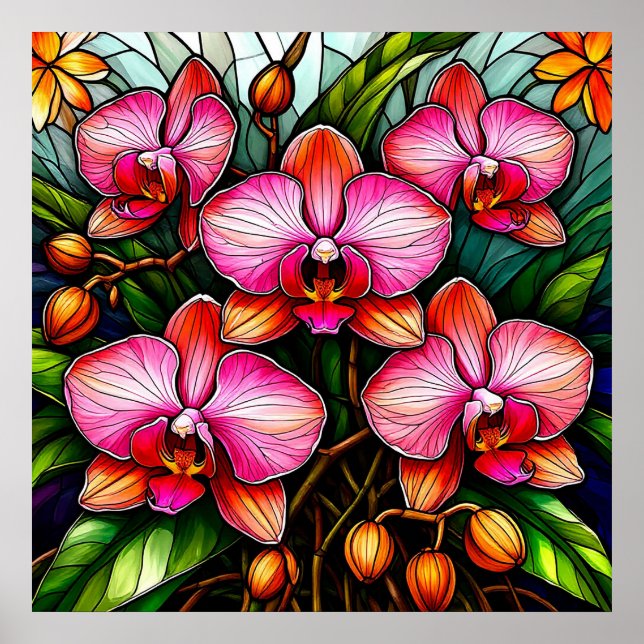 Lebhafte rosa Orchideen in festem Glas Poster (Vorne)
