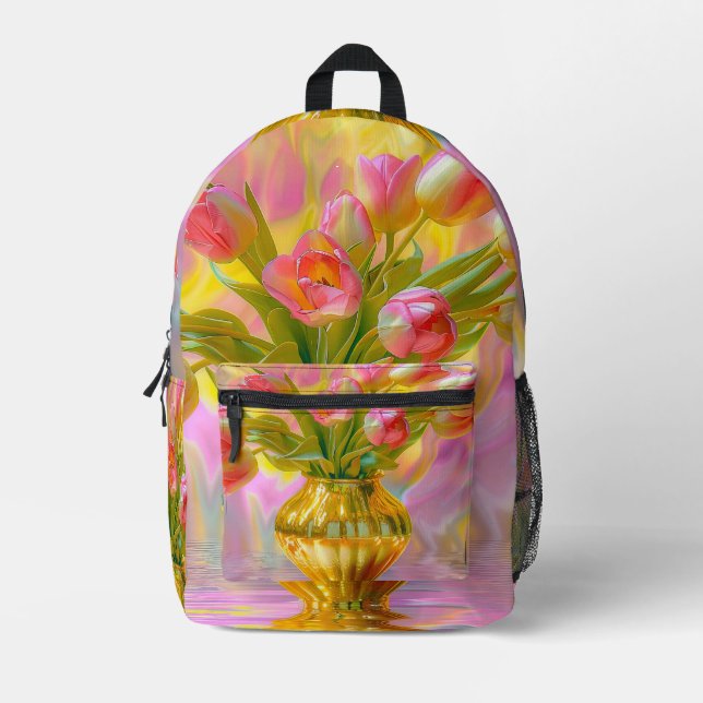 Lebhafte rosa Tulips in der goldenen Vase Bedruckter Rucksack (Vorderseite)