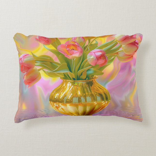 Lebhafte rosa Tulips in der goldenen Vase Dekokissen (Vorderseite)