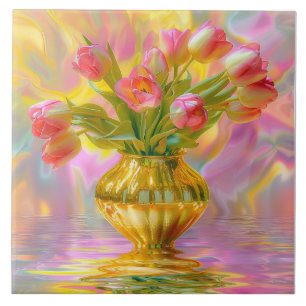 Lebhafte rosa Tulips in der goldenen Vase Fliese
