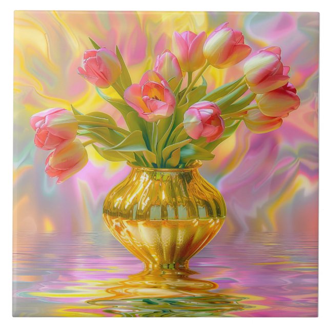Lebhafte rosa Tulips in der goldenen Vase Fliese (Vorderseite)