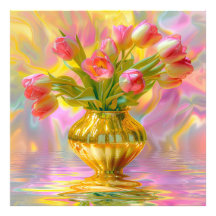 Lebhafte rosa Tulips in der goldenen Vase