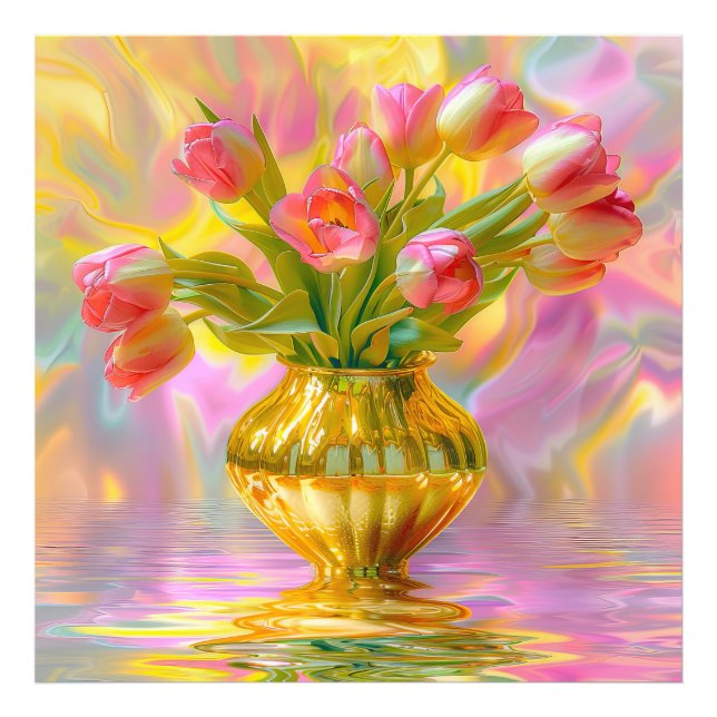 Lebhafte rosa Tulips in der goldenen Vase Fotodruck (Vorne)
