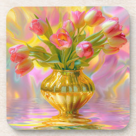 Lebhafte rosa Tulips in der goldenen Vase Getränkeuntersetzer