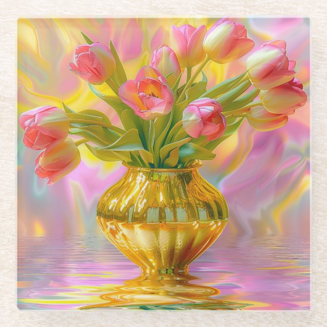 Lebhafte rosa Tulips in der goldenen Vase Glasuntersetzer (Vorderseite)