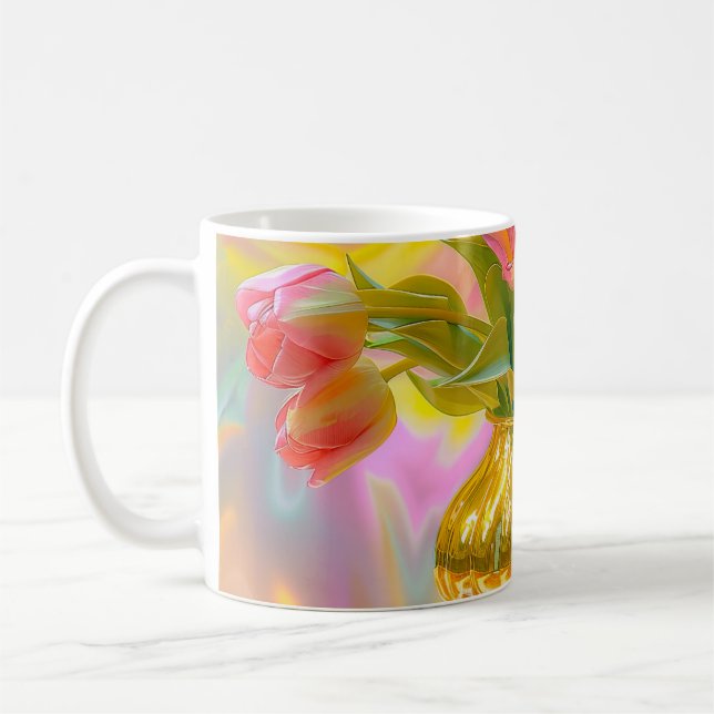 Lebhafte rosa Tulips in der goldenen Vase Kaffeetasse (Links)
