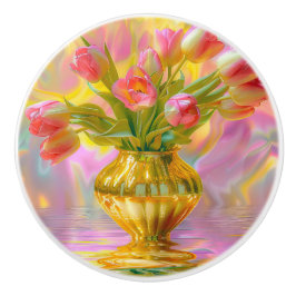 Lebhafte rosa Tulips in der goldenen Vase Keramikknauf