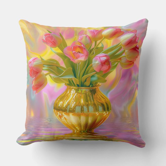 Lebhafte rosa Tulips in der goldenen Vase Kissen (Vorderseite)